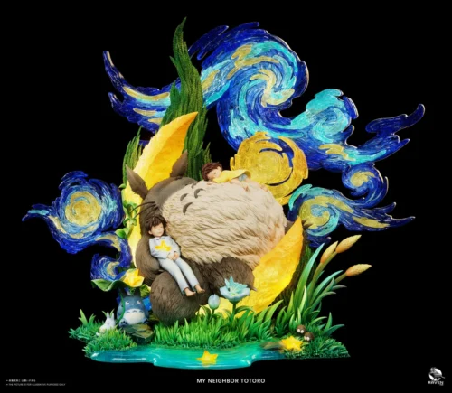 "Raven STUDIO's exquisite limited edition Totoro under starry sky resin statue diorama, showing intricate details from multiple angles."