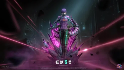 "Premium Kaiju No. 8 Hoshina Soshiro 1/6 scale statue, showcasing a dynamic combat pose with intricate armor, dual heads, and a striking LED chest."