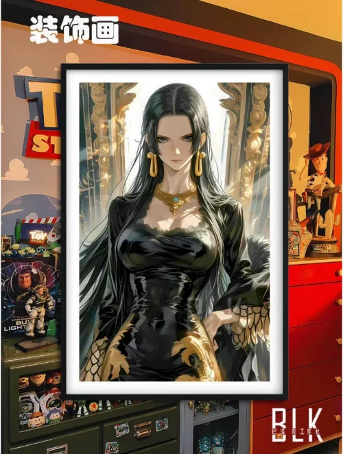 "Elegant One Piece Boa Hancock Baroque painting featuring her in a sophisticated black gown, showcasing premium HD print quality and artistic style."