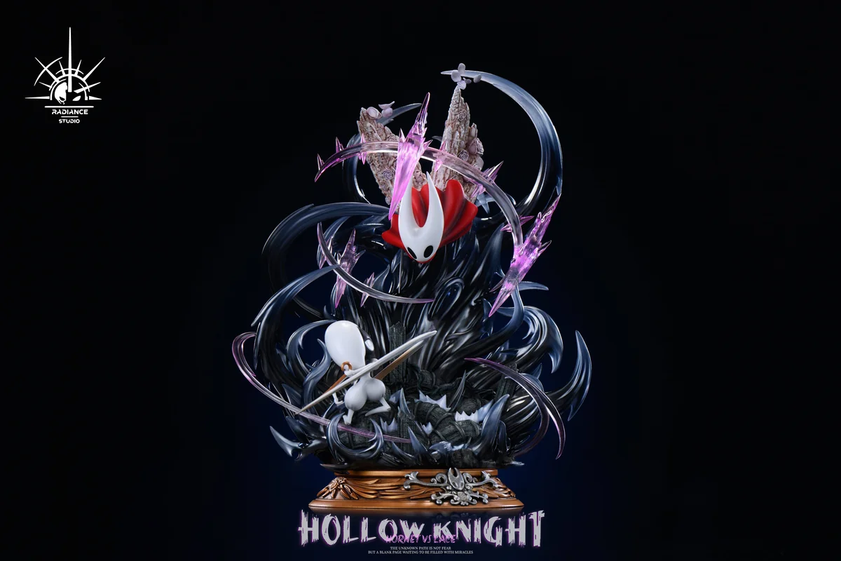"Hollow Knight Hornet vs Lace resin statue by ST Custom + Fuguang Studio, with dynamic LED battle details from multiple angles."