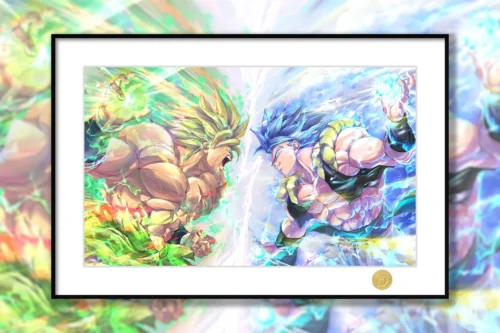 "Premium limited edition Dragon Ball Super painting: Broly and Gogeta clash in an epic, high-energy battle art print."