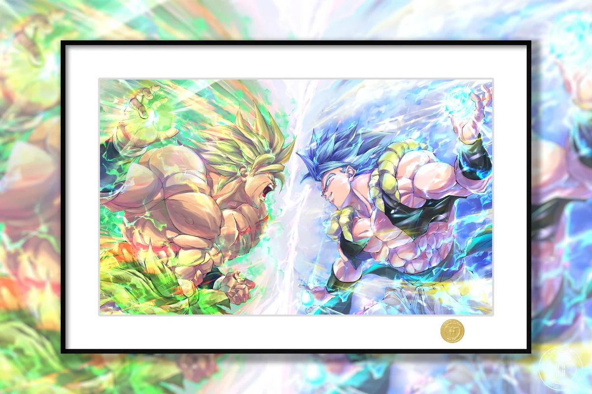 "Premium limited edition Dragon Ball Super painting: Broly and Gogeta clash in an epic, high-energy battle art print."