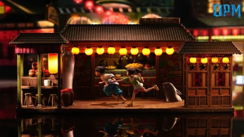 Dynamic Spirited Away Chihiro and Haku running resin statue with glowing LED lights, capturing the iconic magical scene beautifully.