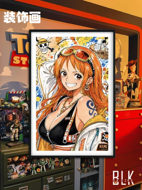 "Detailed view of the vibrant One Piece Graffiti Art Nami & Robin decorative painting, showcasing its unique Baroque street art style and intricate."