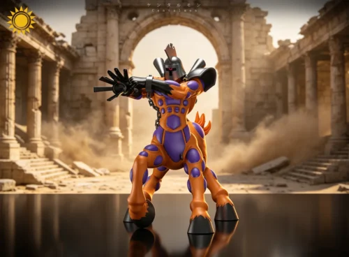 "Exquisitely detailed Centarumon Digimon resin figure in a dynamic battle-ready pose, showcasing intricate mechanical and organic details with a power."