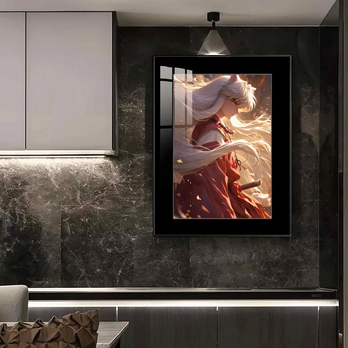 "Iconic Inuyasha side profile painting gallery. Displays vibrant, fade-resistant HD print and premium framed art. Essential Inuyasha wall art."