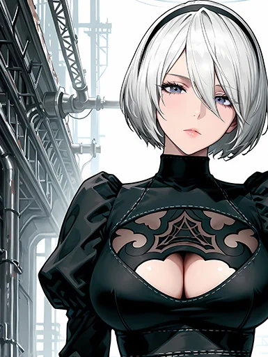 "Detailed shot of the premium Baroque NieR Automata 2B decorative painting, revealing intricate brushwork and the dramatic classical-dystopian."