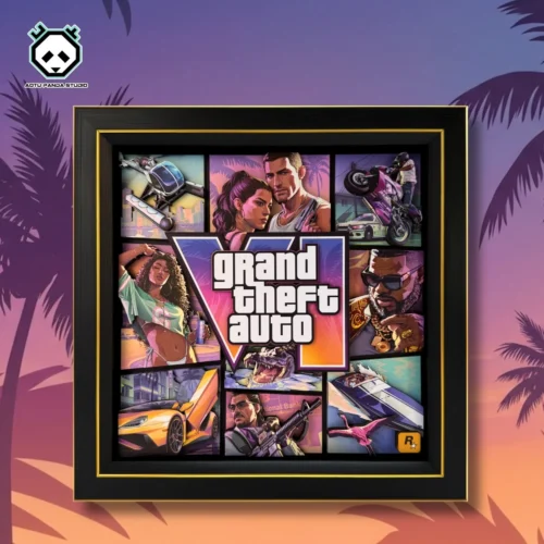 "Vibrant GTA Vice City 3D paper art painting. Multi-layered, handmade design, iconic Grand Theft Auto scenes from all angles."