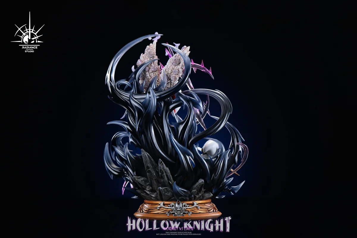 "Dynamic Hollow Knight Hornet vs Lace resin statue, illuminated with LEDs, showcasing intricate battle details from multiple angles."