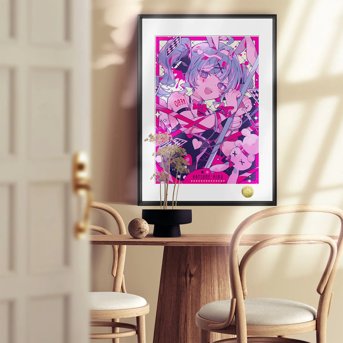 "Close-up views of the vibrant Hatsune Miku Bunny Girl 'Rabbit Hole' decorative painting, showcasing its artistic details and limited edition quality."
