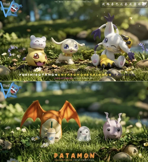 "Playful Gatomon & Patamon Digimon Evolution Figures set. Complete evolution chain: baby to child forms. Digimon Adventure 02 collectible."