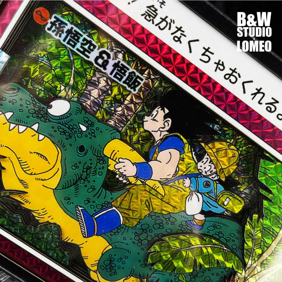 "Detailed views of the limited edition Goku & Gohan Riding Dragon Carddass 3D Decorative Painting, highlighting its dynamic layered DBZ art from B&W."