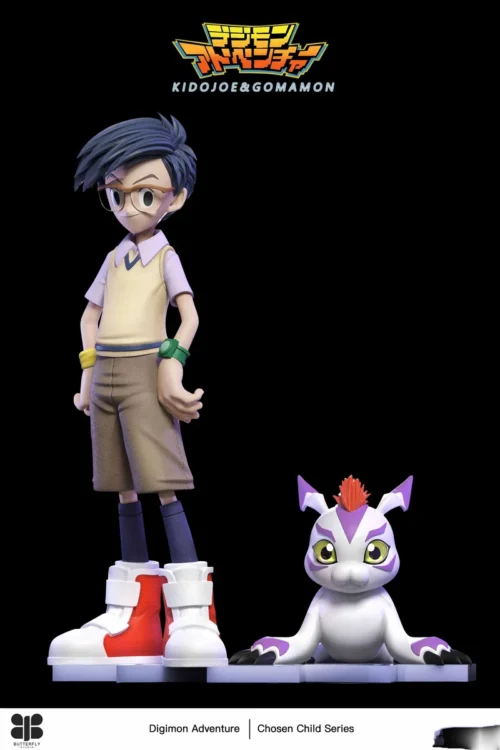 "Premium MH Scale Joe Kido & Gomamon Digimon Adventure resin statue. Dynamic views highlight intricate sculpt details of this limited edition."