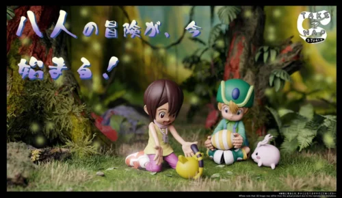 "Capture the cuteness of Takeru & Hikari in their limited edition Digimon Adventure chibi naptime resin figures, a heartwarming display."