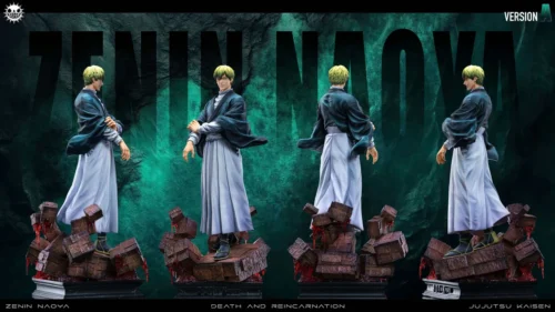 "Premium dynamic 1/6 Zenin Naoya Jujutsu Kaisen statue. Views highlight swift combat pose and arrogant details."