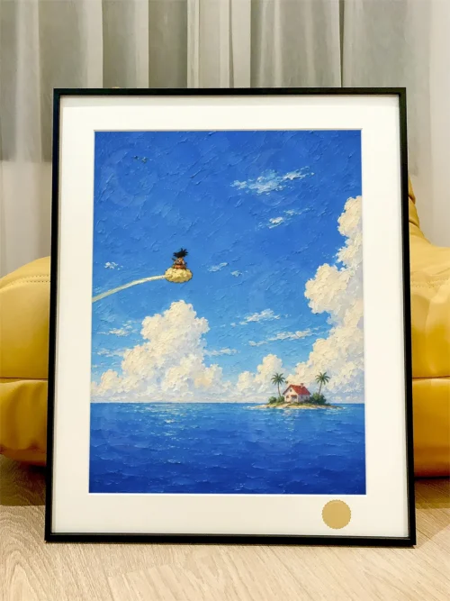 Limited edition Dragon Ball art print featuring Kame House under a vibrant sky with iconic heroes. A collector-grade decorative painting.