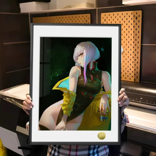 "Vibrant, neon-infused Cyberpunk Lucy art print by Huang Gua Studio. Limited edition framed decorative painting showcasing her enigmatic aesthetic."