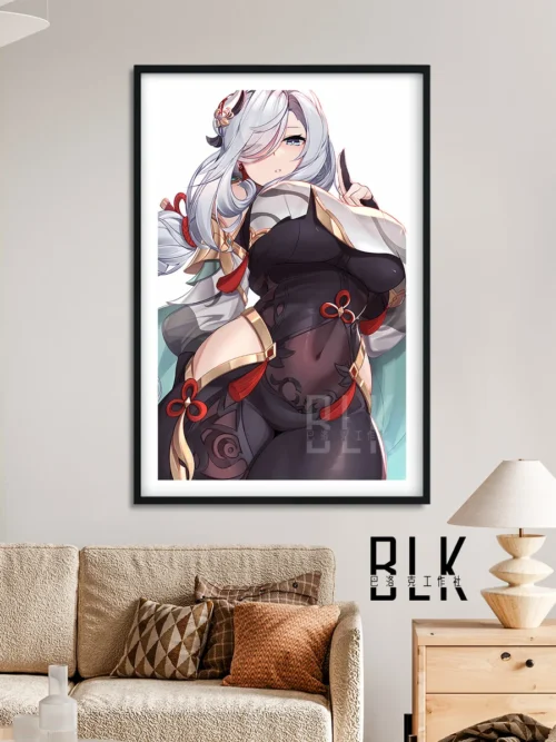 "Exquisite Baroque Shenhe Genshin Impact art print, showcasing its dramatic dark elegance and intricate artistic details through close-ups."