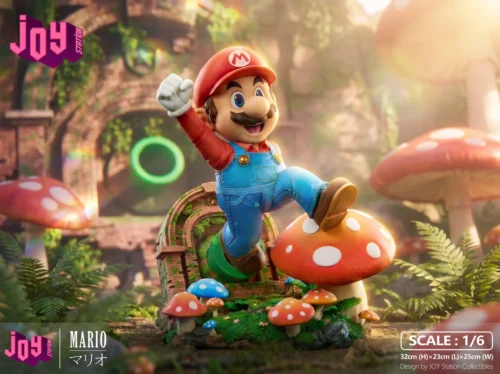 "Dynamic 1/6 Limited Edition Mario Super Mario Bros. Resin Statue by Joy Station, capturing Mario in a vibrant action pose with iconic game elements."