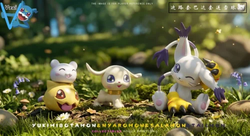 "Playful Vzai Studio Gatomon & Patamon Digimon Evolution Figures. Vibrant, multi-angle sculpts show their complete evolution chain from baby to child."