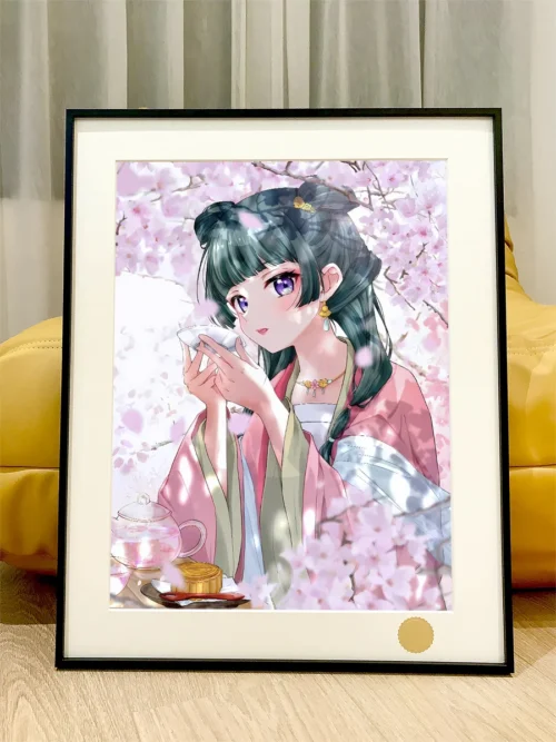 "Ethereal Limited Edition The Apothecary Diaries painting: Maomao, Jinshi, Gyokuyoufei amidst cherry blossoms and starry night. Hand-numbered collection."