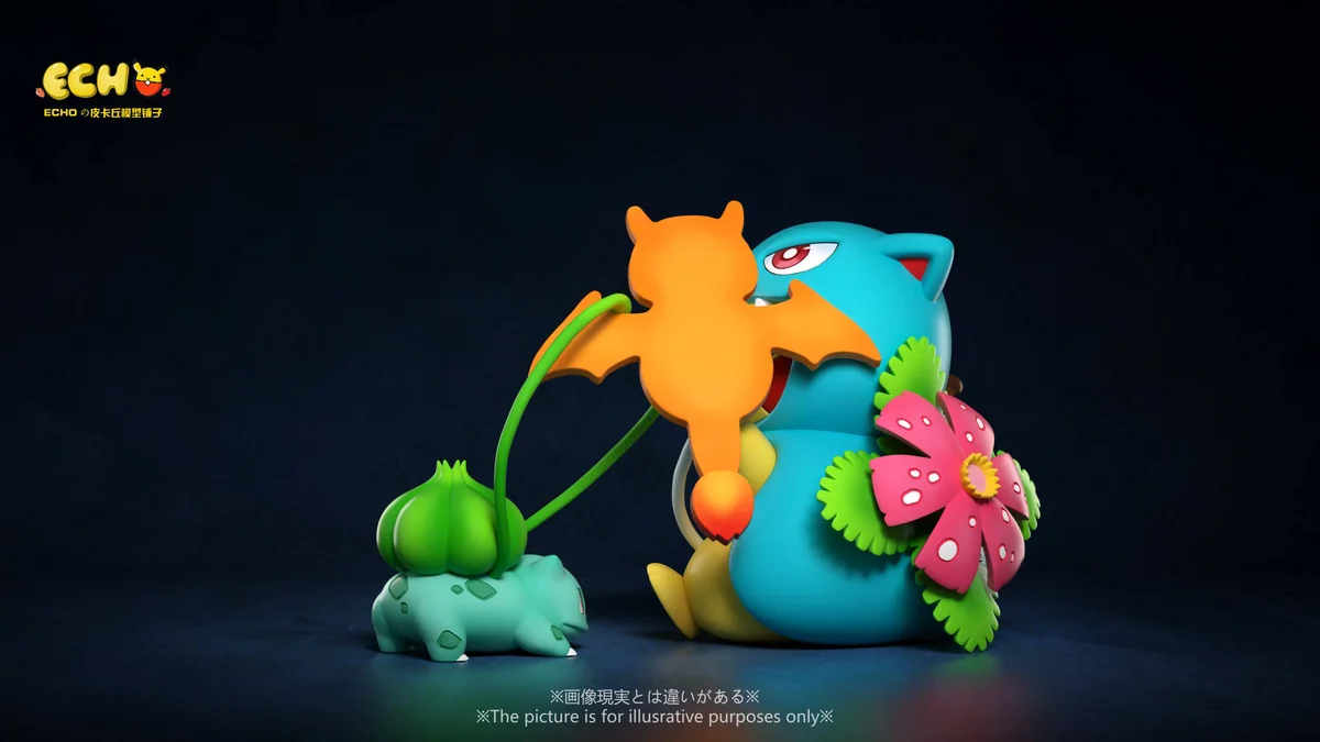 "Pikachu Kanto Starters Evolution Cosplay Figure. Charming details of Pikachu cosplaying Kanto evolutions from multiple angles. A unique collectible s