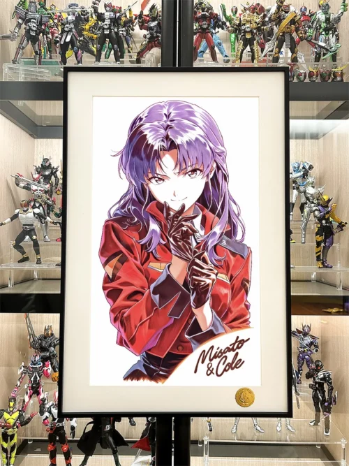 "Limited Edition Archival Giclée Art Print of Misato Katsuragi in red dress. Vibrant colors, exquisite texture, cosmic Evangelion backdrop."