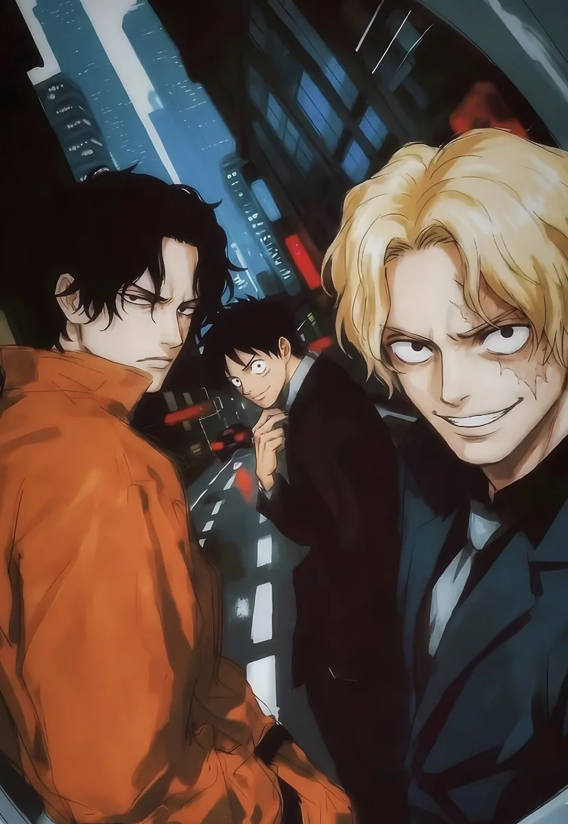 "Observe a specific detail of the limited edition One Piece Three Brothers framed art print, capturing the vibrant anime style and dynamic action."