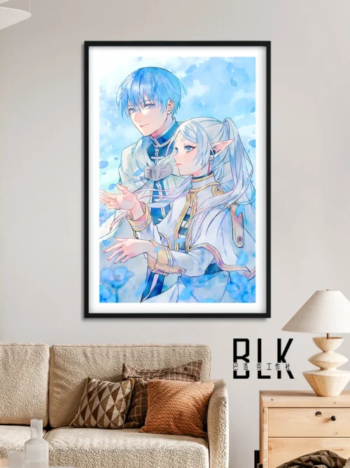 "Exquisite Frieren painting print shows serene Frieren & Himmel portrait, blue flowers, and fine artistic details."