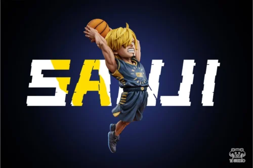 "Detailed views of this exclusive One Piece Sanji Dream Team basketball figure by YZ Studio, revealing its vibrant uniform and dynamic sculpted detail."