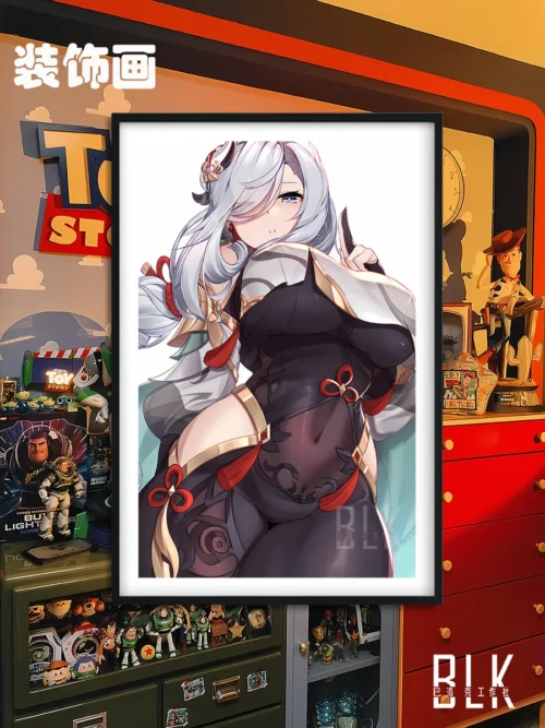 "Exquisite Baroque Black-Clothed Shenhe decorative painting from Genshin Impact, dramatically showcasing her elegant design as a stunning art print."