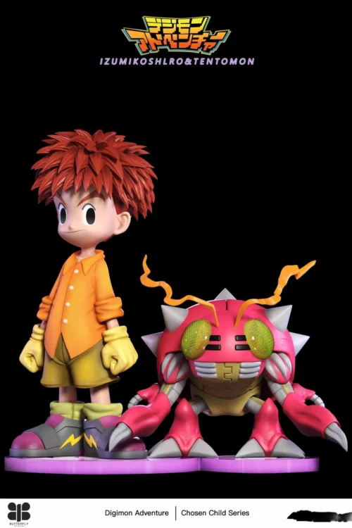 "Exclusive MH Scale Koushiro Izumi & Tentomon Digimon Adventure statue, dynamically posed in a vibrant digital world setting. A premium collectible."
