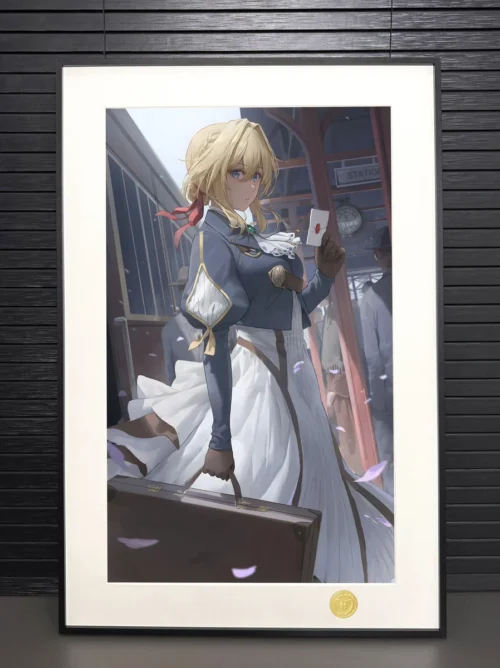 "H-TWO Studio's limited edition Violet Evergarden art print, premium and elegantly framed. Views showcase serene train station scene details."