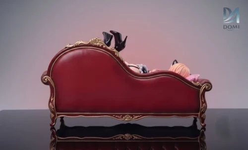 "Detailed views of the 1/6 Marin Kitagawa My Dress-Up Darling suggestive statue by Domi Studio, showcasing her playful tied-up pose on a detailed bed."