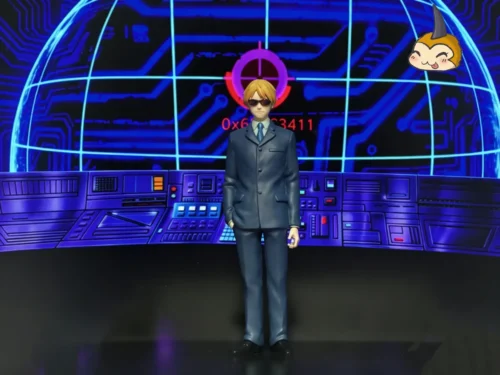 "Premium Digimon Tamers Mitsuo Yamaki resin statue, showcasing his mysterious trench coat, iconic lighter, and two interchangeable expressive heads."
