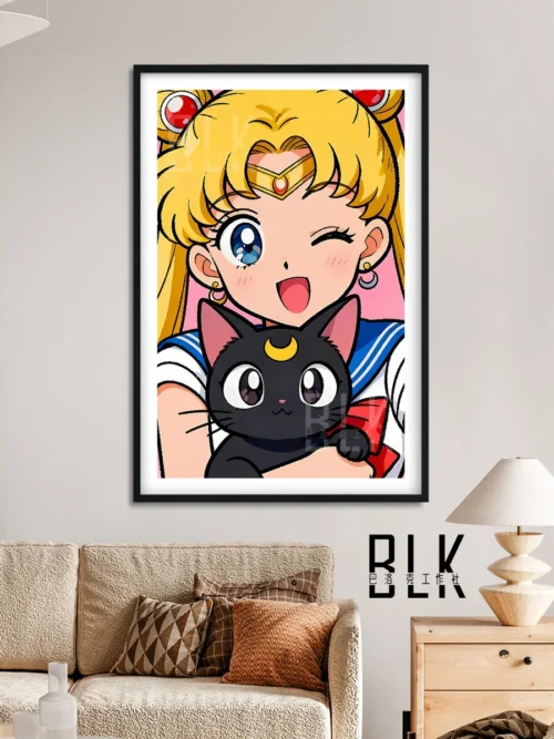 "Elegant Baroque Usagi Tsukino & Luna decorative painting, highlighting its ornate golden frame, dreamy pastel colors, and intricate artistic details."