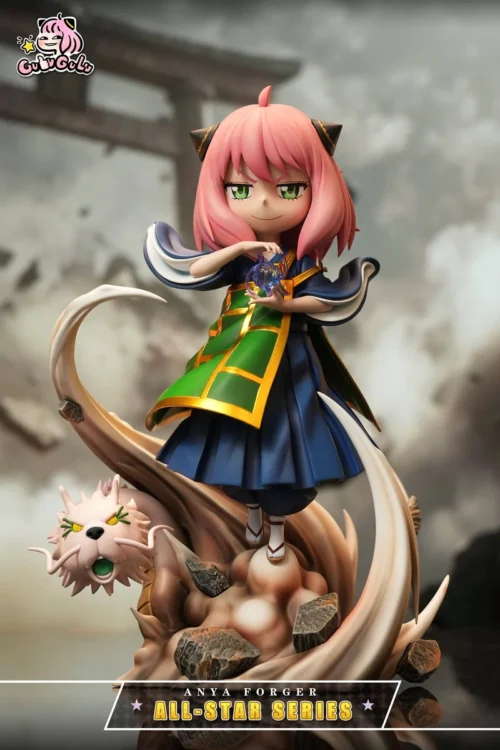 "Playful GULUGULU Studio Suguru Geto Anya Cosplay resin, an exclusive Jujutsu Kaisen x Spy x Family piece, showing sculpted details and cheeky express."