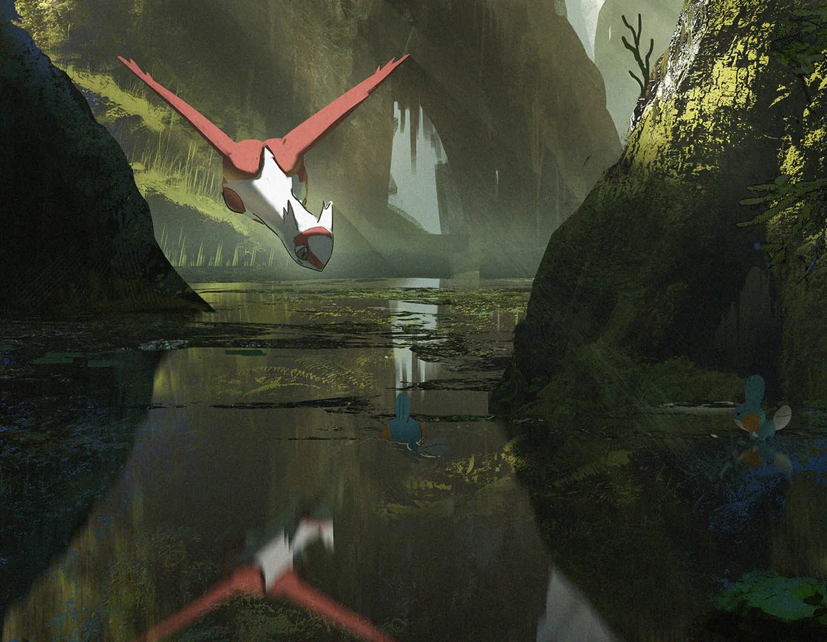 "Limited edition Latios Latias giclée art print. Showcases vibrant Pokémon flight and modern framed artistry."