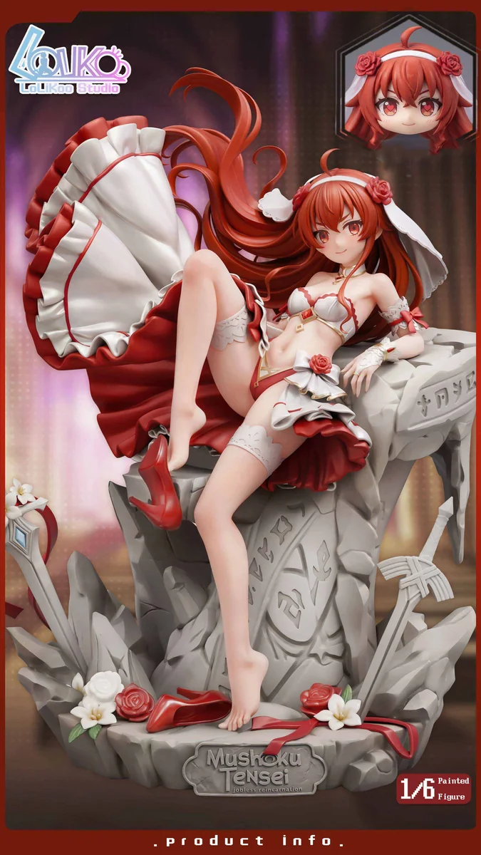 "Detailed views of the exquisite Mushoku Tensei Eris bridal gown figure, showcasing her dynamic pose, flowing white dress, and intricate premium resin."