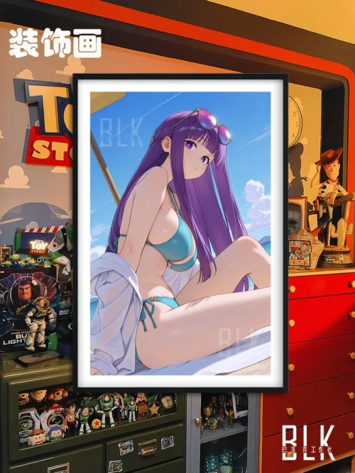 "Vibrant Frieren: Beyond Journey's End Fern beach painting, a premium framed anime art print featuring Fern in stylish beach attire."