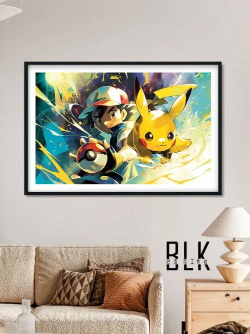 "Ash & Pikachu Baroque decorative painting from multiple angles, highlighting its ornate gold frame and vibrant Pokémon artistry for elegant home decor."