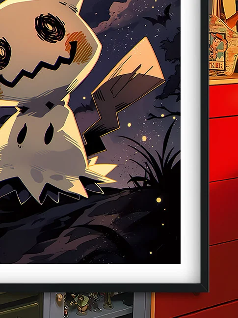 "Detailed gallery views of the Elegant Baroque Moonlit Mimikyu wall art, revealing its intricate design, dark fantasy elements, and ornate frame craft."