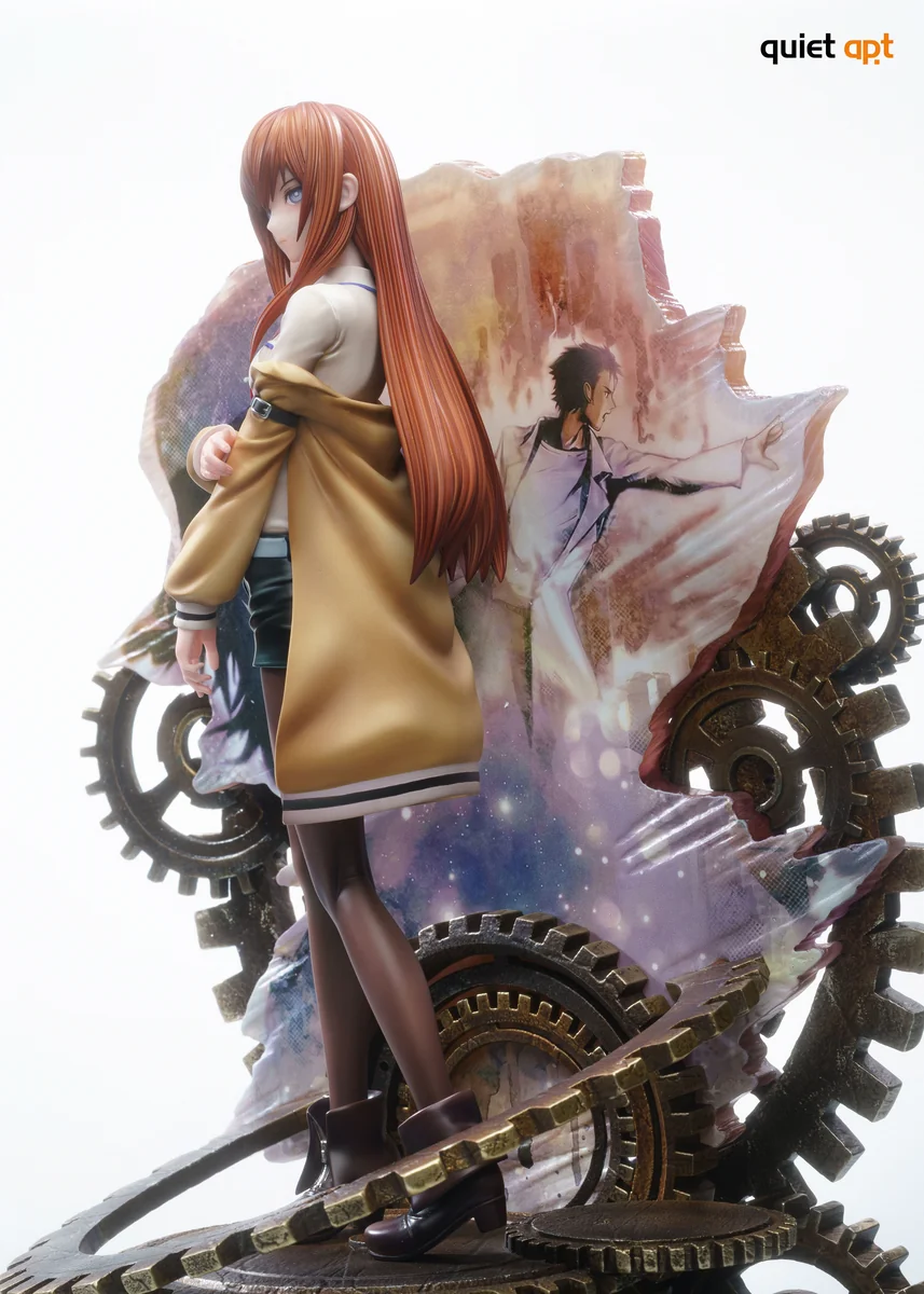 "Ultra-Limited 1/6 Makise Kurisu Steins;Gate PU Resin Statue. Detailed views showcase her dynamic pose, intricate gears, and scientific motifs."
