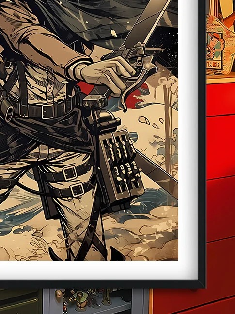 "Close-up of the exclusive Levi Ackerman Japanese Baroque decorative painting for Attack on Titan fans, showcasing the intricate frame and dynamic."