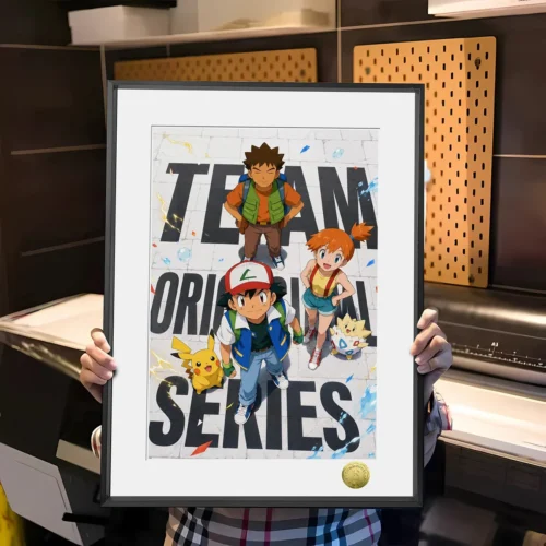 "Vibrant Pokemon Original Trio decorative painting featuring Ash, Misty, Brock with Pikachu, Squirtle, and Bulbasaur. Iconic Kanto adventure art.“