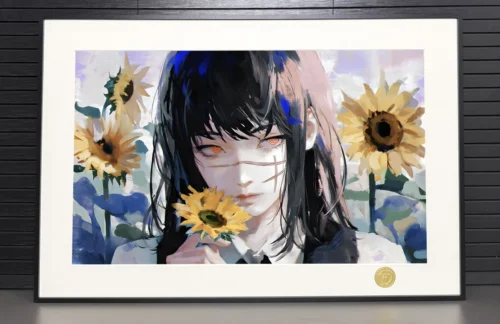 "Dynamic close-up of the limited edition Mitaka Asa War Devil art print, Chainsaw Man. Dark aesthetic, premium framed presentation, showcasing artist."