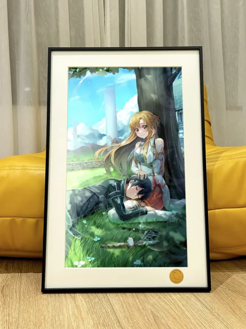 "Limited Edition Sword Art Online premium art print featuring Asuna and Kirito embracing under a romantic starry tree, a hand-numbered collectible."
