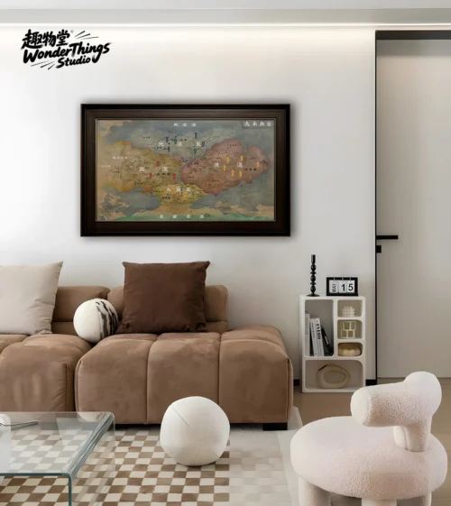 "Premium framed Southern Sky Continent Map. Vintage fantasy style, intricate details from Mortal's Journey. Stunning art."