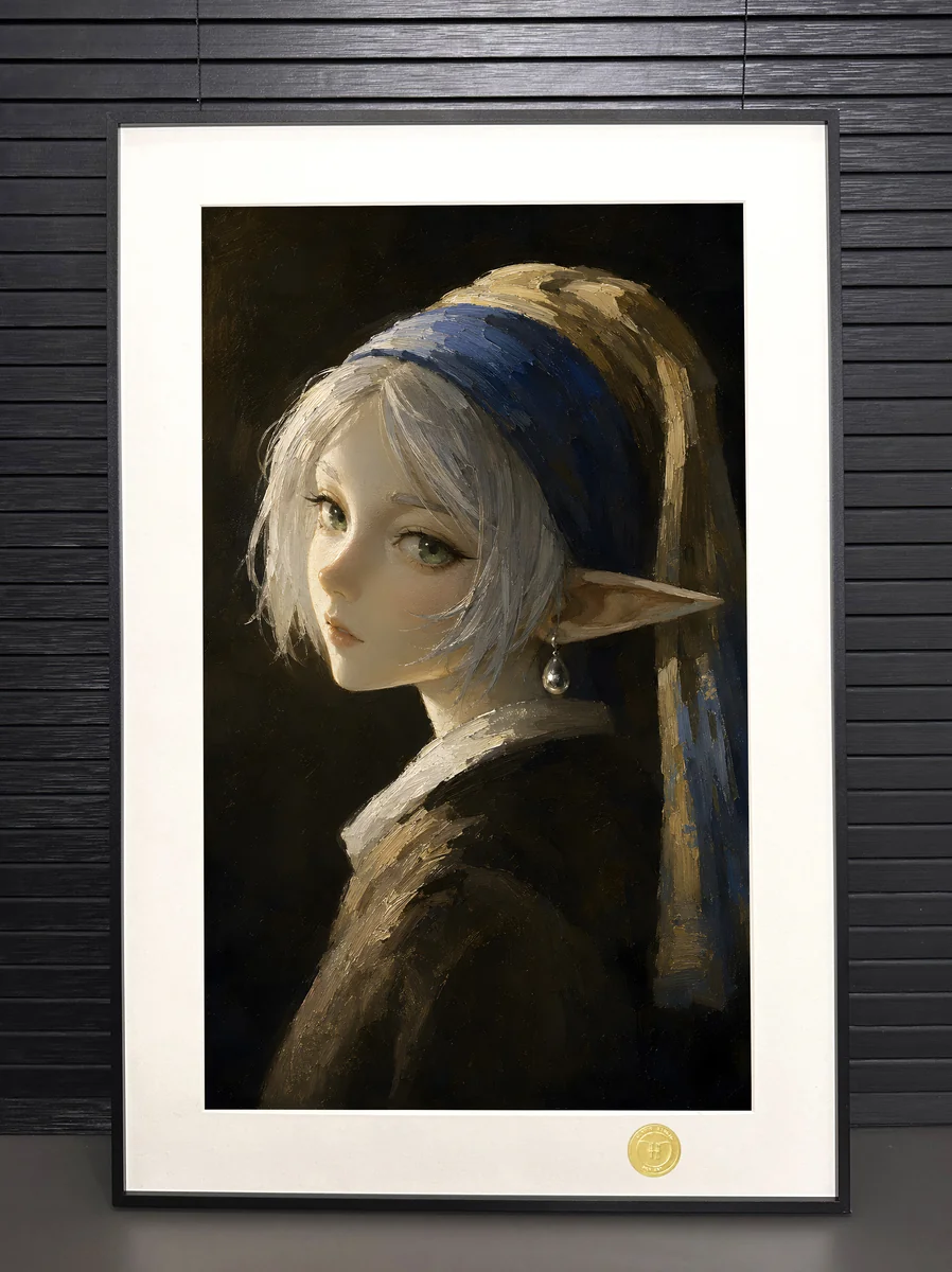 "Frieren as Girl with a Pearl Earring painting gallery. Premium framed, limited edition H-TWO Studio art print with classic-modern style."