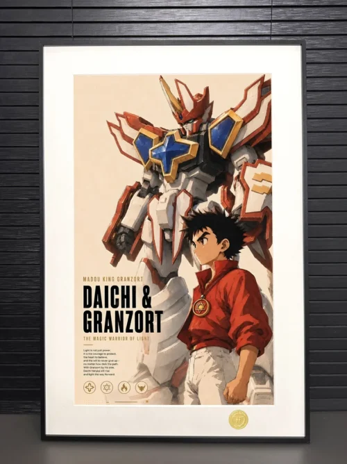 "Premium Granzort art print. Detailed views show dynamic mecha action, vibrant 90s anime, and limited edition premium frame."